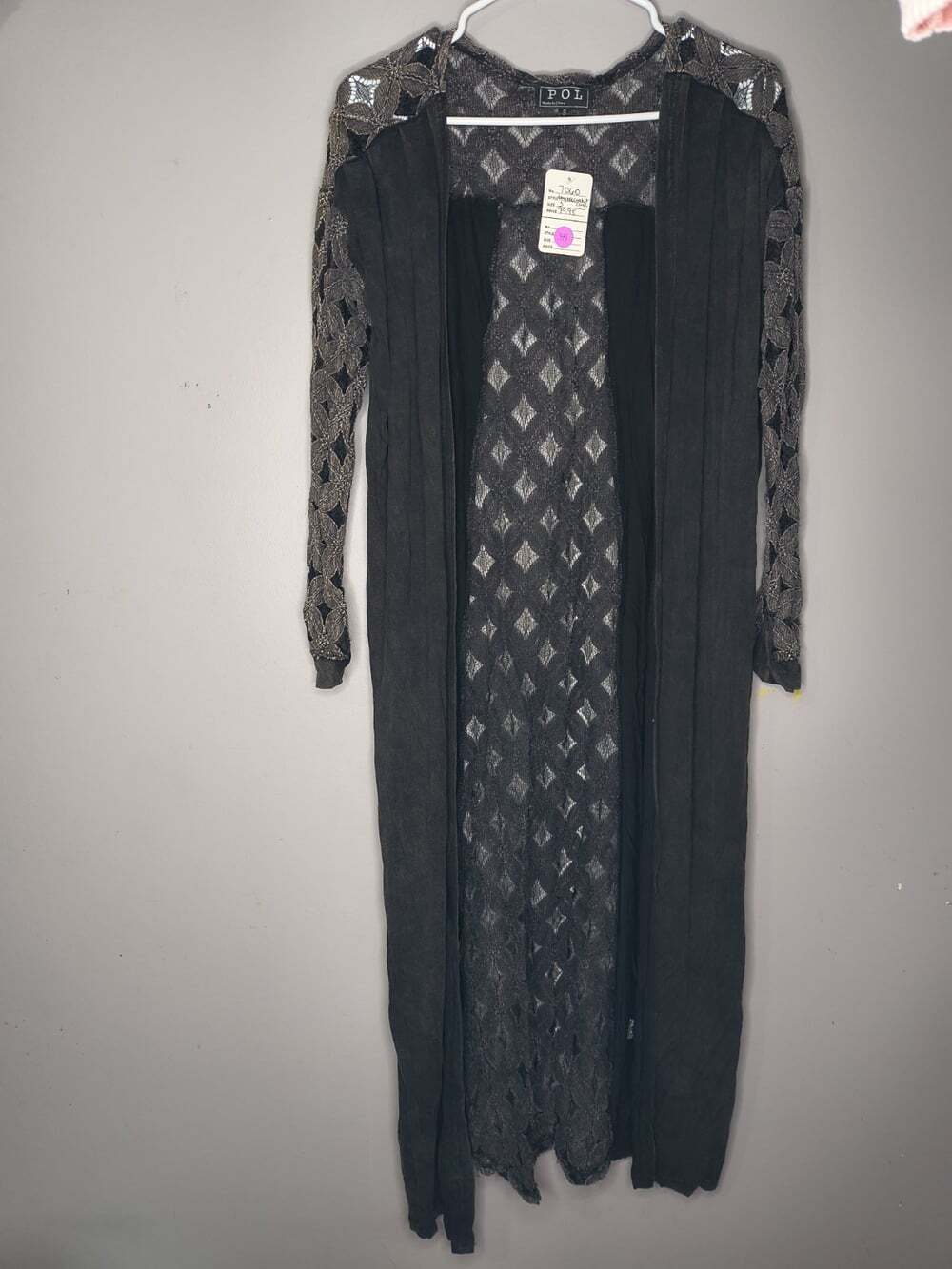 POL Black/ Charcoal Gray Longline Crochet Lace Duster Cardigan Size Small
